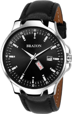 BRATON BT1943SL01 New Generation Black Dial Black Genuine Leather Strap Day & Date Working Wrist Analog Watch  - For Men