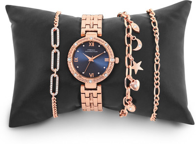 French Connection New Collection Gift Set Rose Gold Jewellery and Blue Dial Analog Watch  - For Women