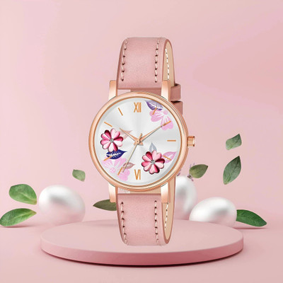 SHURAI Flower Pink Classic analog | Printed Dial | Leather Strap | Exclusive Design | Gift | Flower Analog Watch  - For Girls
