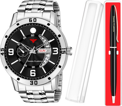 DANIEL CLARION DC-1104-Black+Black Pen Day and date Analog watch for men with Black Ball Pen Analog Watch  - For Boys