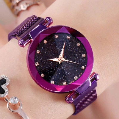 GHATIKA Black Dial And Purple Metal Magnet Belt Watch 12 Diamond And Purple Magnet Analog Watch  - For Girls