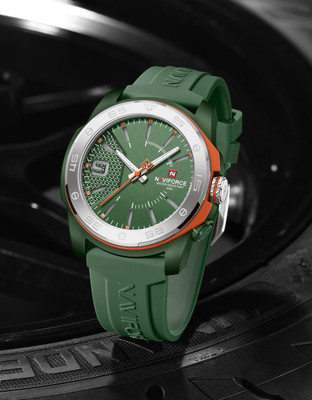 NAVIFORCE NF7112 Stylish textured dial Silver case With Green rubber strap Analog Watch  - For Men