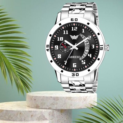 ABREXO Designer Black Round Dial Date Working Silver Chain Wrist Watch for Boys Analog Watch  - For Men