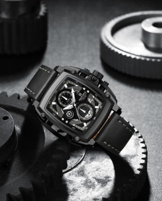 NAVIFORCE NF8067 Barrel Shaped chronograph desing black leather strap Analog Watch  - For Men