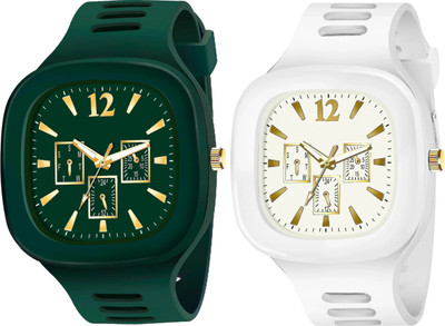 SHURAI new_new_green_white_watch Men New Combo Of Black and White Square Dial with Silicone Strap Analog Watch  - For Boys