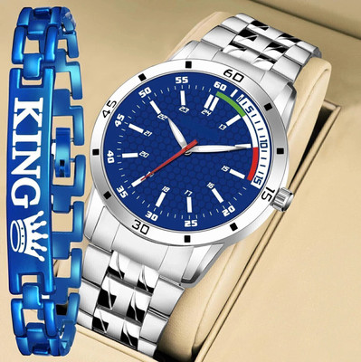 SHURAI BLUE_SILVER_STARP_WATCH display time Blue Dial Adjustable Stainless Steel Watch and King Bracelet Analog Watch  - For Men
