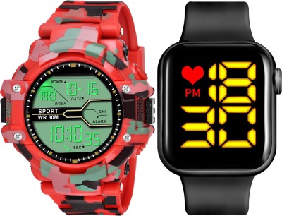 Brostin BROSTIN-022 Combo Smart Square Led Big Red Dial & Camouflage Silicone Strap Pack Of 2 Digital Watch  - For Boys