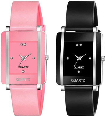 Brostin Fashionable Square Dial Pack of 2 Pink And Black Silicone Belt Combo For Women Analog Watch  - For Girls