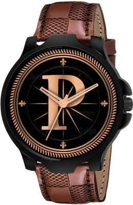 Talgo ALPHA-P-3K-BLK-BRW-CHL Fancy Design Stylish ALPHABET P Dial Brown Leather Strap Men Wrist Watch Analog Watch  - For Boys