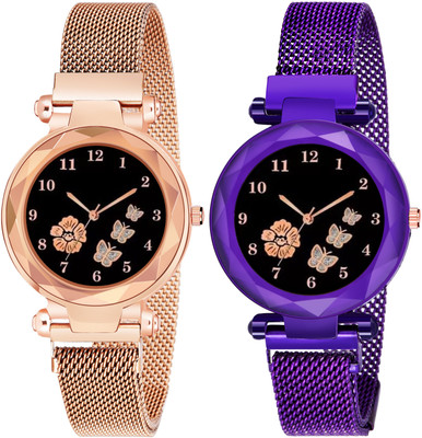 MAAN INTERNATIONAL FBF223-Magnet Pack Of 2 Black Flower Printed Dial Luxury Magnetic Strap Girls Analog Watch  - For Women
