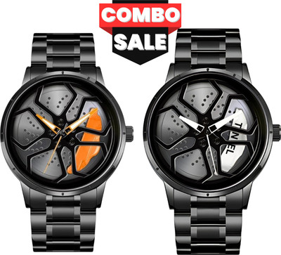 JollyBilly Tencel Watch Combo White & Orange 360 Degree Rotating car wheel watch Analog Watch  - For Men