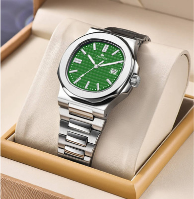 EMPERO EAB217 The Rounded Octagonal shape Date Display Green Dial Silver Stainless Steel Belt Analog Watch  - For Men