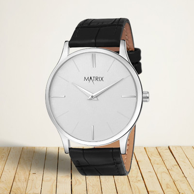 MATRIX Signature Two Hands Signature Cut Glass White Dial Black Leather Strap Analog Watch  - For Men & Women