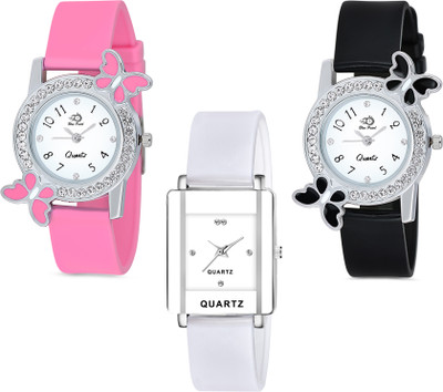 Blue Pearl New Combo Of 3 Butterfly Designer Watch and White Square Dial Analog Watch  - For Girls
