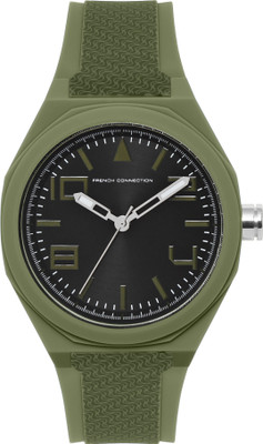French Connection Dialix Men’s Analog Watch, Black Case, Green Silicone Strap, Circular Brush Black Dial Analog Watch  - For Men