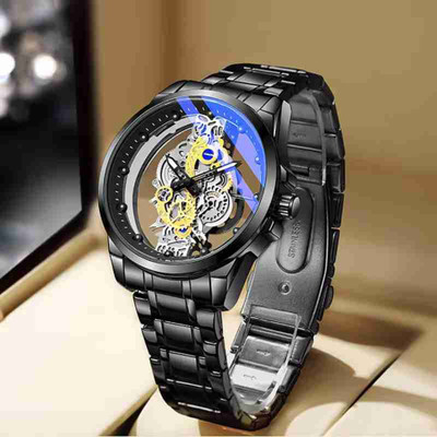 RS TRADER CO LUXURY TRANSPARENT SKELETON SHINING GLASS BOTH SIDE DIAL STAINLESS STEEL BLACK LUXURY TRANSPARENT SKELETON SHINING GLASS BOTH SIDE DIAL STAINLESS STEEL BLACK Analog Watch  - For Men & Women