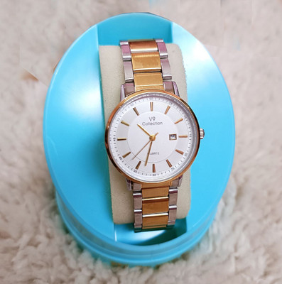 Glowme V9 Collection Gold Two-Tone Stainless Steel Strap | Black Dial with Date Display Analog Watch  - For Men & Women
