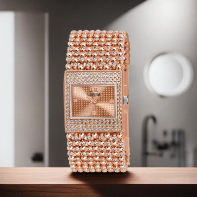 LOREM LR-287 Premium Rose Gold Studded Diamond Analog Watch  - For Girls