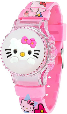 Time Up Hello Kitty Rotating Hello Kitty Glowing Light Rotating Cartoon Cap Cover Cute Kids Digital Watch  - For Girls