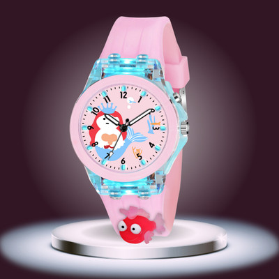 On Time Octus Fish 3D Character Pink Color Watch With 7 Different Color Light For Kids Analog Watch  - For Girls