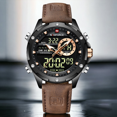 NAVIFORCE 9208 Luxury Fashion Genuine Leather Quality Calendar LCD Display Analog-Digital Watch  - For Men