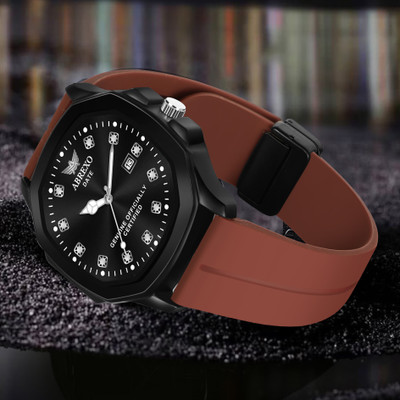 ABREXO Abx4905 Black Dial Brown Magnetic Silicon Strap Captain Series Date Working Square Black Dial Brown Magnetic Quartz Mechanism Analog Watch  - For Men