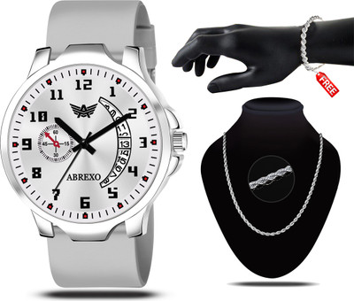 ABREXO Abx7800-Grey Silicone + C2 Silver Chain & Bracelet Grey Silicone Strap Date Working Watch With Designer Chain & Bracelet Combo Analog Watch - For Men ABREXO Abx7800-Grey Silicone + C2 Silver Chain & Bracelet Grey Silicone Strap Date Working Watch With Designer Chain & Bracelet Combo Analog Watch - For Men