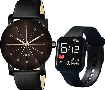 Zienz Stylish Design Royal Looking Relax All Black Leather Strap & PU Pack Of 2 Combo Analog-Digital Watch  - For Boys & Girls