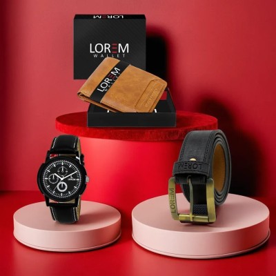 LOREM FZ-LR13-WL06-BL01 Combo Of Artificial Leather Belt-Wallet & Analog Watch  - For Men