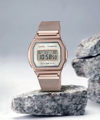 CASIO A1000MCG-9EF Vintage Rose Gold Dial Rose Gold Stainless Steel Mesh Band Digital Watch  - For Men & Women