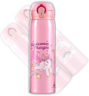 My Face Cute Unicorn theme Insulated Stainless steel water bottle for kids 500 ml Water Bottle(Set of 1, Pink)