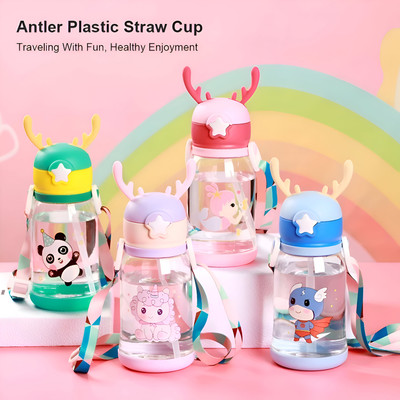 xelcis Cute Deer Horn Shape Water Bottle With Straw & Strap, Non Toxic For Kids, School 600 ml(Green, Purple)