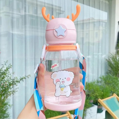 Nature Flow Cute Kids Water Bottle with Straw | Leakproof Sipper with Push Button & Strap 600 ml Water Bottle(Set of 1, Multicolor)
