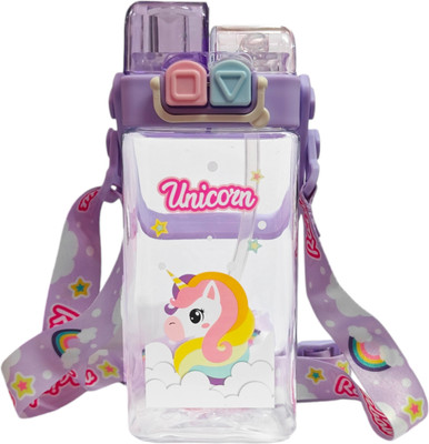 IndusBay Unicorn Water Bottle with Adjustable Strap Cute Double Drinking Straw Cup 520 ml Water Bottle(Set of 1, Pink, White)