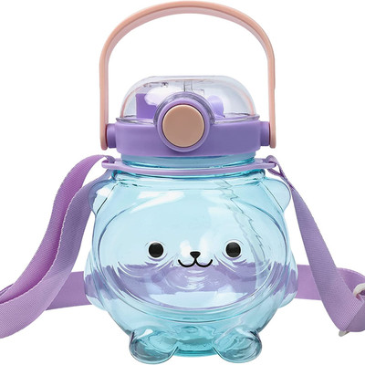 D-mark ®Smile Cute Teddy Bear Plastic Water Bottle for Kids with Soft Silicone Straw 750 ml Water Bottle(Set of 1, Purple)
