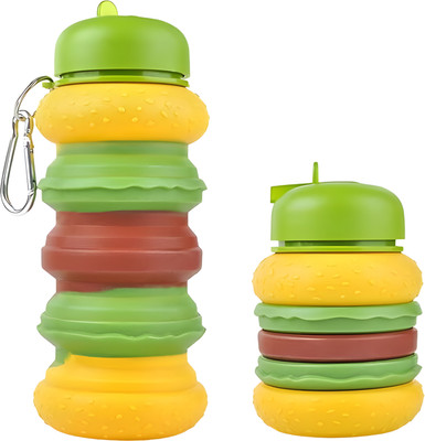 Koochie Koo Burger Design Silicone Collapsible Water Bottle with Straw and Carabiner Clip 550 ml Water Bottle(Set of 1, Yellow)