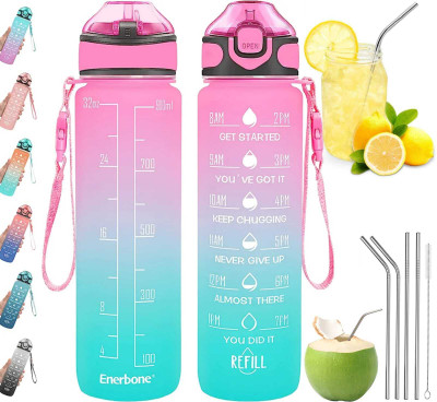 kayru Motivational Water Bottle And Steel Drinking Straw Combo 1000 ml Water Bottle(Set of 1, Multicolor)