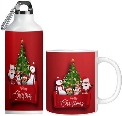 TrendoPrint (MC-18) Merry Christmas Coffee Mug 350ml with Water Bottle 600 ml Water Bottles(Set of 2, Multicolor)
