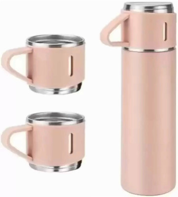 Lopvi Vacuum Flask With 3 Set of Steel Cup Combo 500 ml Water Bottle(Set of 1, Pink)