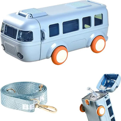 NAVYA ENTERPRISES Bus Shape Kids Water Bottle 500ml | Straw & Strap | Leakproof & BPA-Free 500 ml Water Bottle(Set of 1, Light Blue, Yellow)