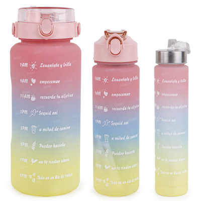 FIDDLERZ Water Bottle 3 in 1 Motivational Time Marker Sipper Straw & Sticker 900+300+ 2000 ml Water Bottles(Set of 3, Pink) FIDDLERZ Water Bottle 3 in 1 Motivational Time Marker Sipper Straw & Sticker 900+300+ 2000 ml Water Bottles(Set of 3, Pink)
