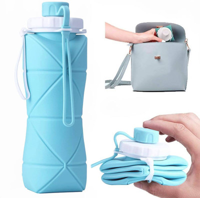 daemonic Folding Silicone 600 ml Water Bottle(Set of 1, Light Blue)