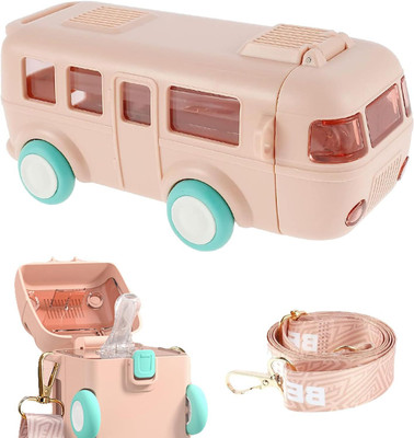 FUNVERSE Bus Shape Car Water Bottle With Straw For Kids,Shoulder Strap,Movable Wheels 500 ml Water Bottle(Set of 1, Pink)
