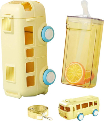 FUNVERSE Bus Shape Water Bottle With Straw For Kids,Movable Wheels,Plastic 500 ml Water Bottle(Set of 1, Yellow)