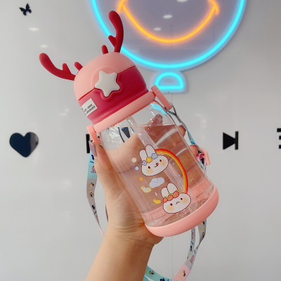x pulse Antlers Shape Cartoon Print with Straw and Backing Strap Water Bottle 600 ml Water Bottle(Set of 1, Multicolor)