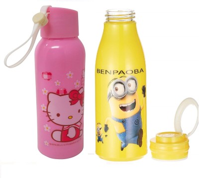 Kidsaholic Cartoon Printed Glass Bottle 300 ml for Girls,Boys (2 Kitty + 1 Minnion) 300 ml Water Bottles(Set of 3, Blue, Yellow)