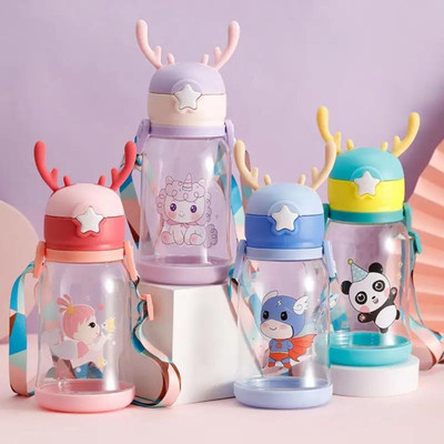 EPICK Kids Antlers Cute Cartoon Design Sipper School Water Bottle for Kids with Strap 600 ml Water Bottle(Set of 1, Multicolor)