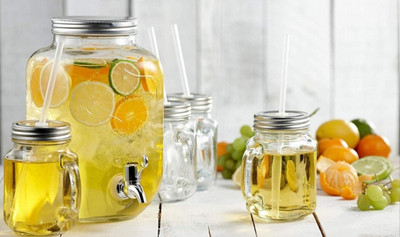 DSRPC Glass Pitcher With Tap Spigot and Steel Lid Juice Pitcher for Detox Water 4 L Bottom Loading Water Dispenser