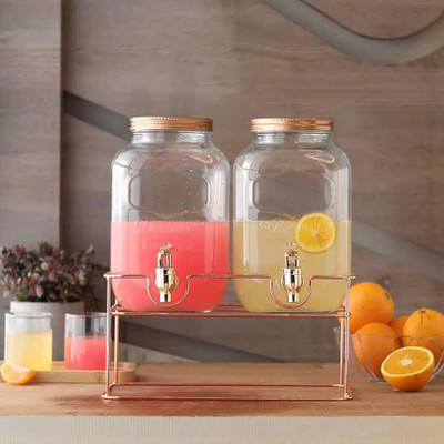 MDNSHO Table Top Cold Water Lemon/Beer Dispenser Mason Jar with Tap Metal Stand (4L+4L) Bottled Water Dispenser