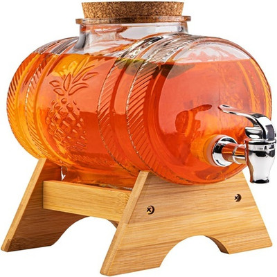 Kriti Traders Glass Iced Drink Dispenser with Spout & Tap, Lid & Wooden Stand Cold Beverage Bottom Loading Water Dispenser